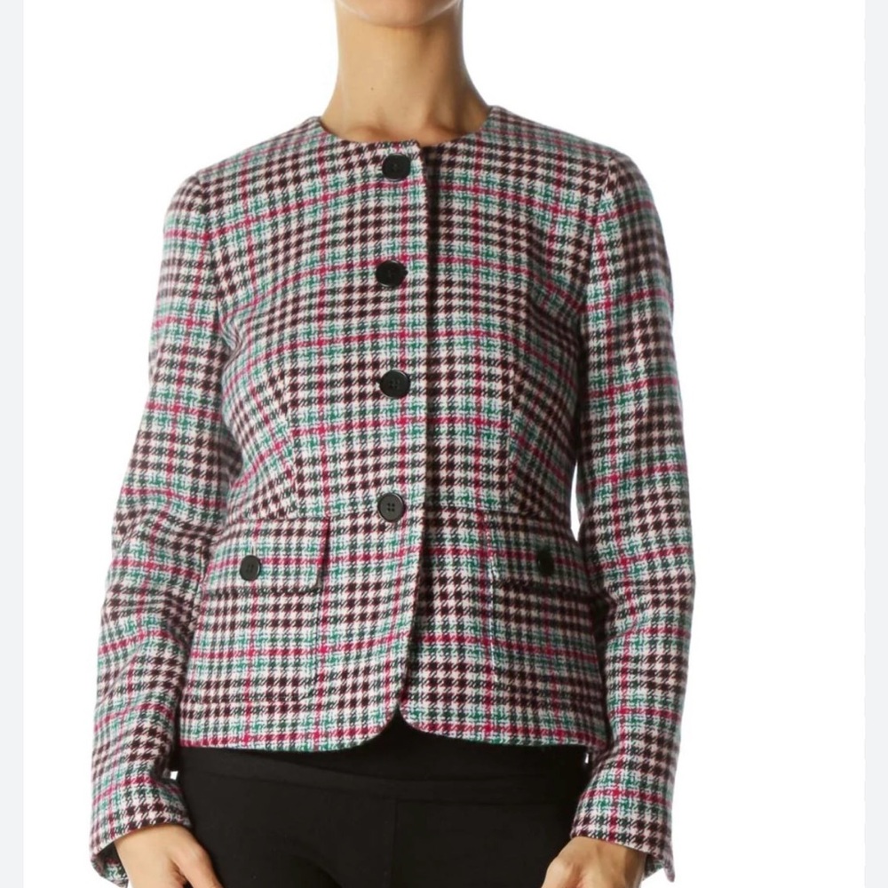 Talbots Houndstooth‎ Plaid Wool Collarless Blazer Jacket Womens 14 NWT